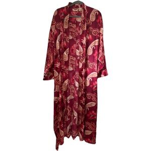 Vintage 90s Inner Most Woman Burgundy Floral Paisley Satin Kimono Robe 1X Pocket